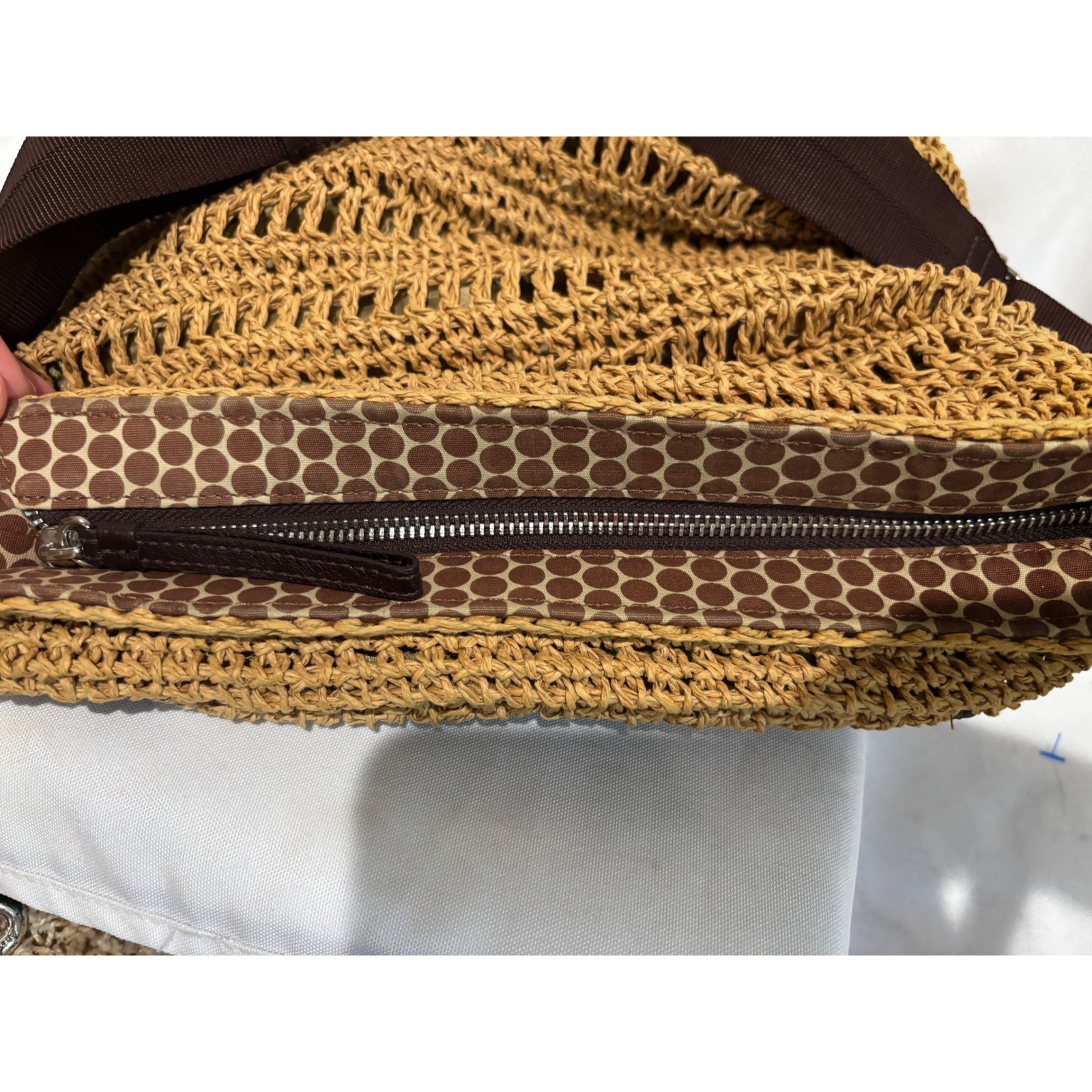 Brighton Woven Raffia Straw Crossbody purse Bag Tan Wood Buttons Heart Logo boho