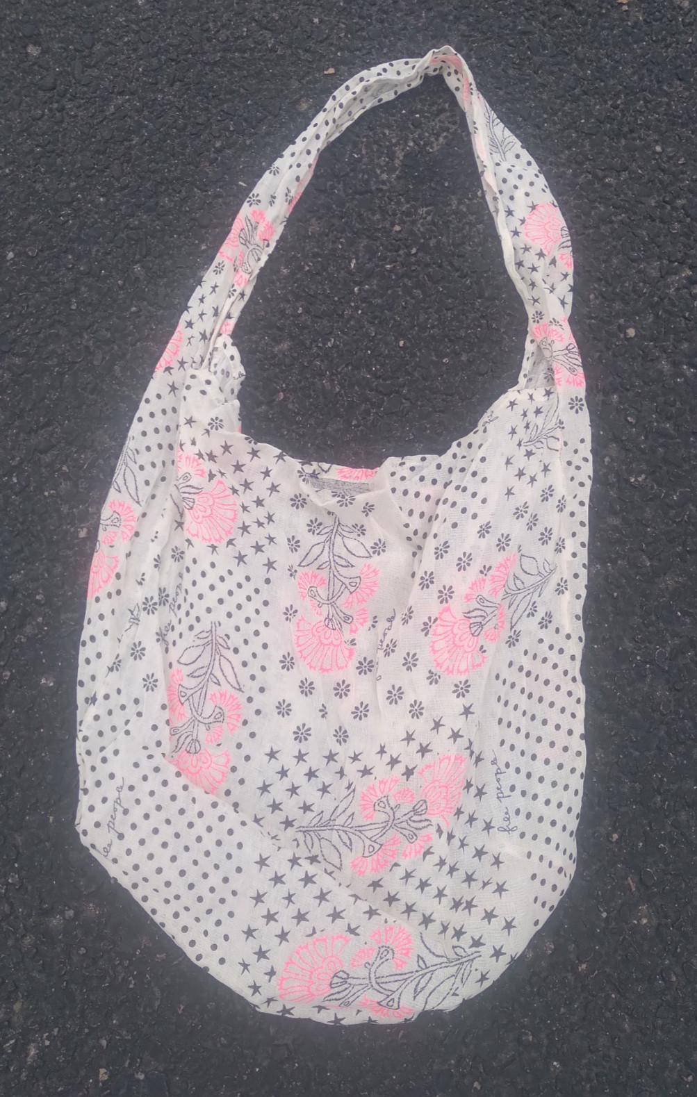 Free People Linen Pink Flower Tote Bag Beach Bag Purse Black Stars Polka Dots