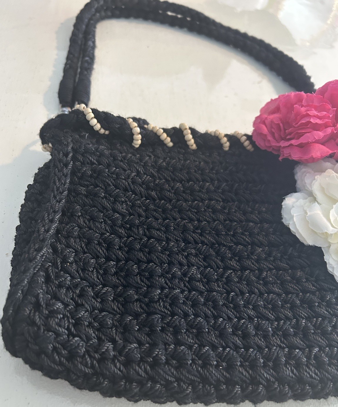 The SAK Black Crochet Purse W/ Removeable Flower Pins Wood Beads Double Handles