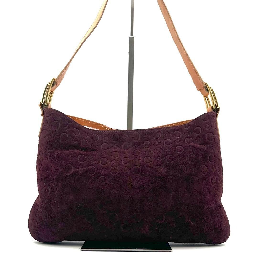 CELINE C Macadam Burgundy Suede Leather Shoulder Bag Gold Auth