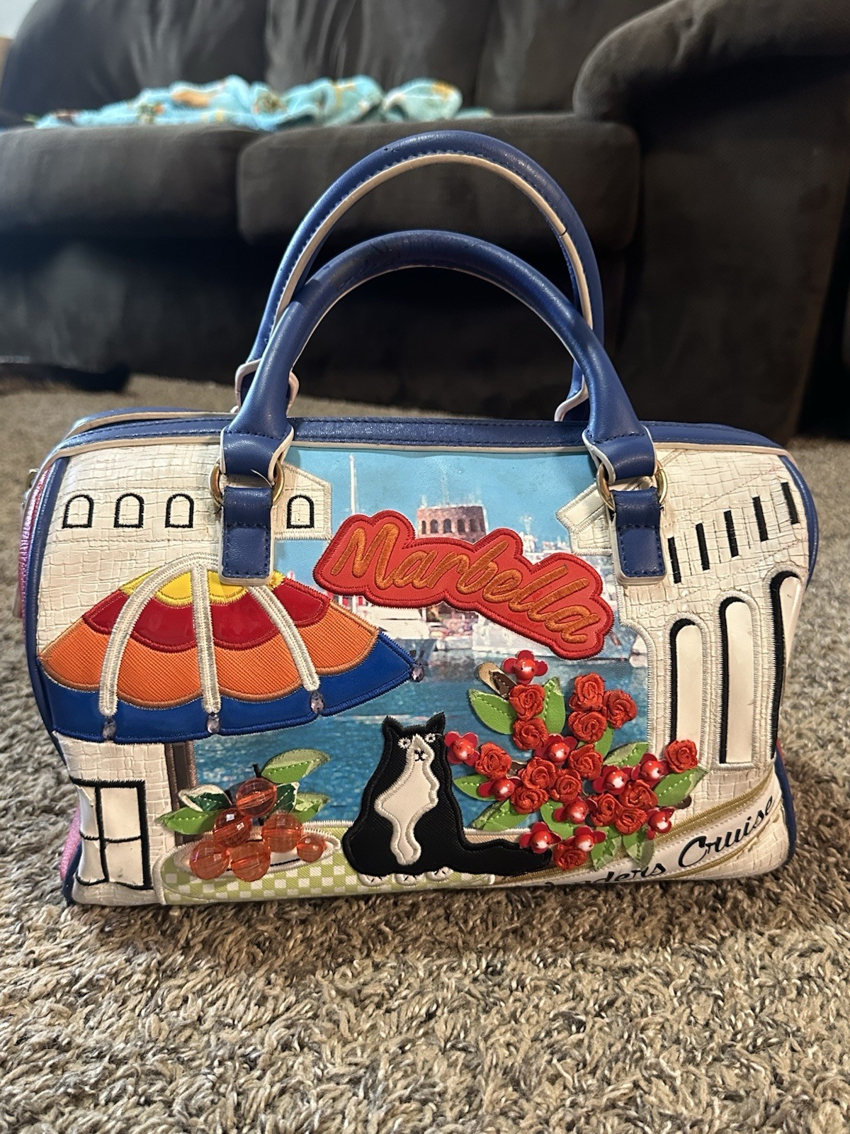 Braccialini Multicolor Pictorial Satchel Top Handle Zip Lined Pockets Gold