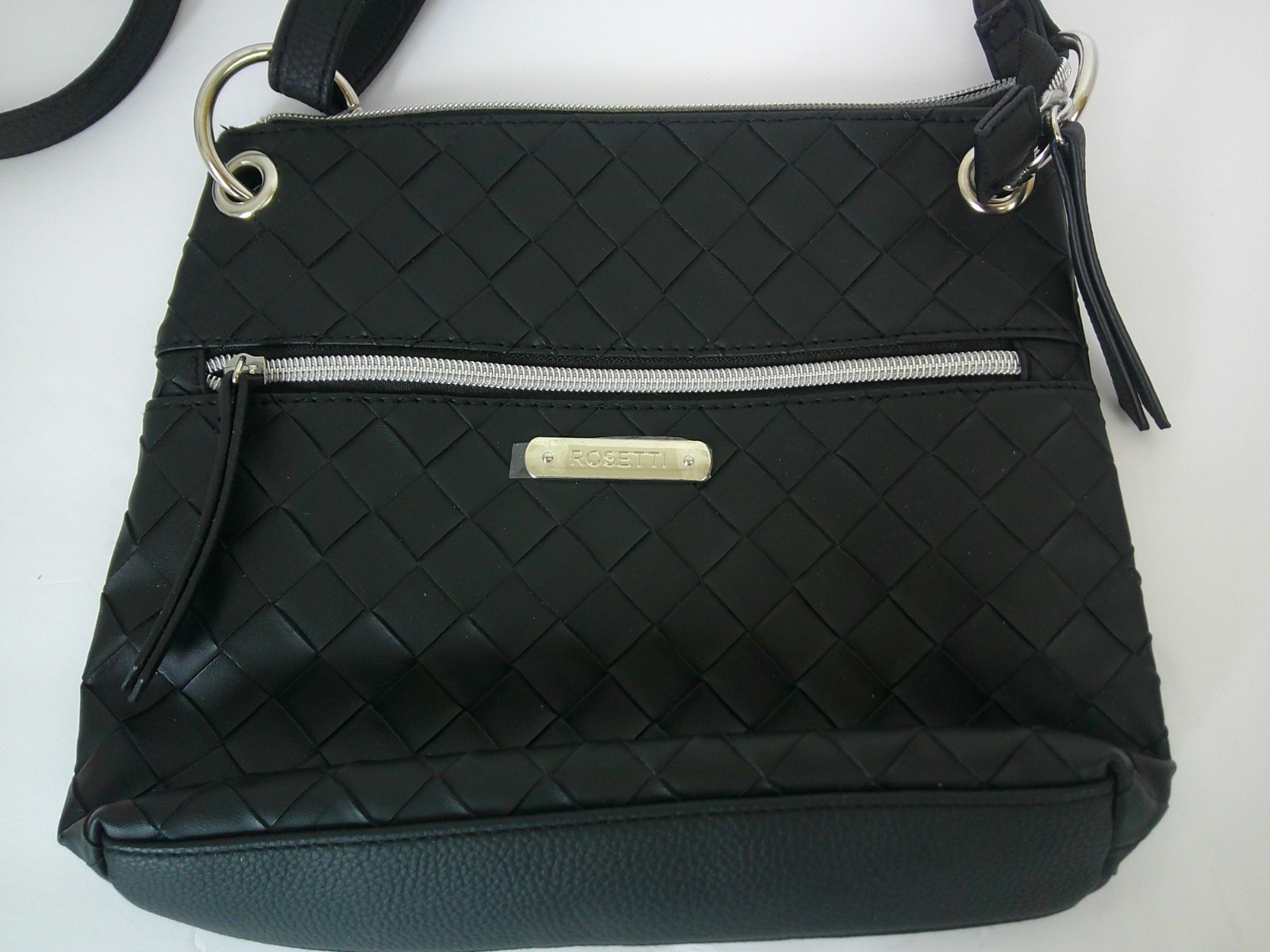 Rosetti Cross Body Purse Handbag Black Basketweave Zipper 9×10