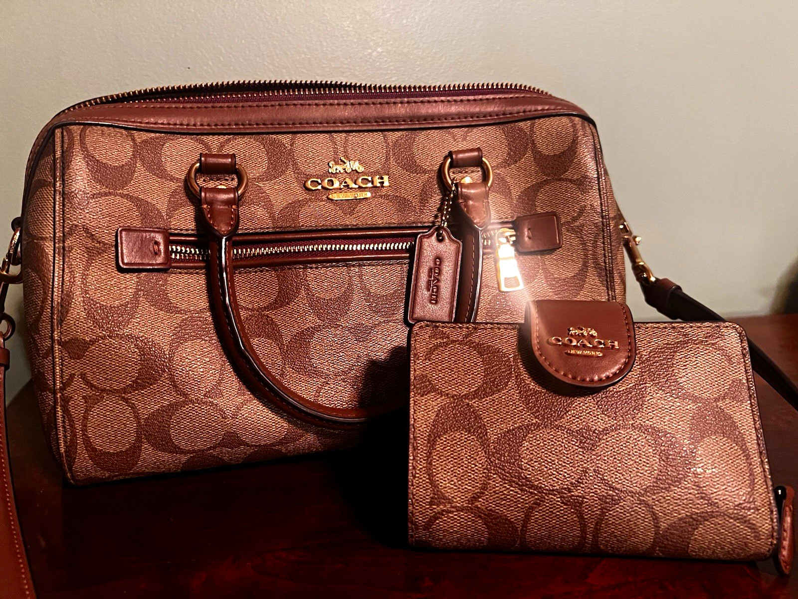 Coach Signature Logo Brown Satchel Top Handle w/ Detachable Strap and wallet