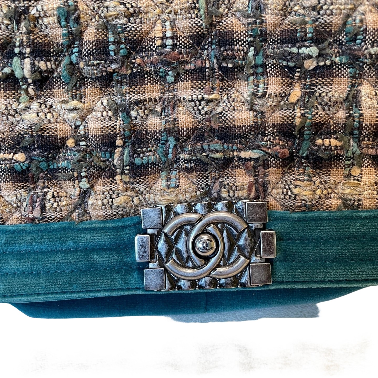 Chanel Le Boy Edinburgh Green Tweed Velvet Chain Bag Pre-Owned