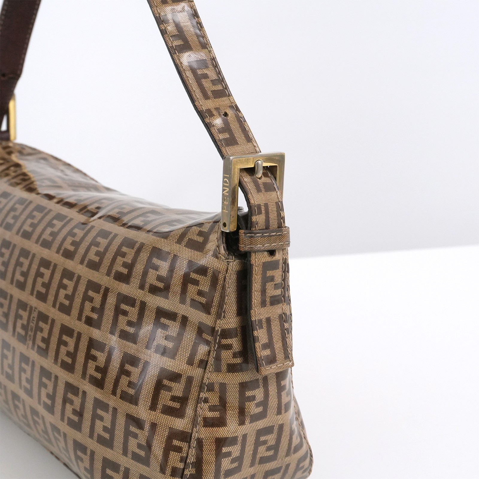FENDI Mamma Baguette Zucchino Gold Enamel Brown Hand Bag 2way Auth #58193A