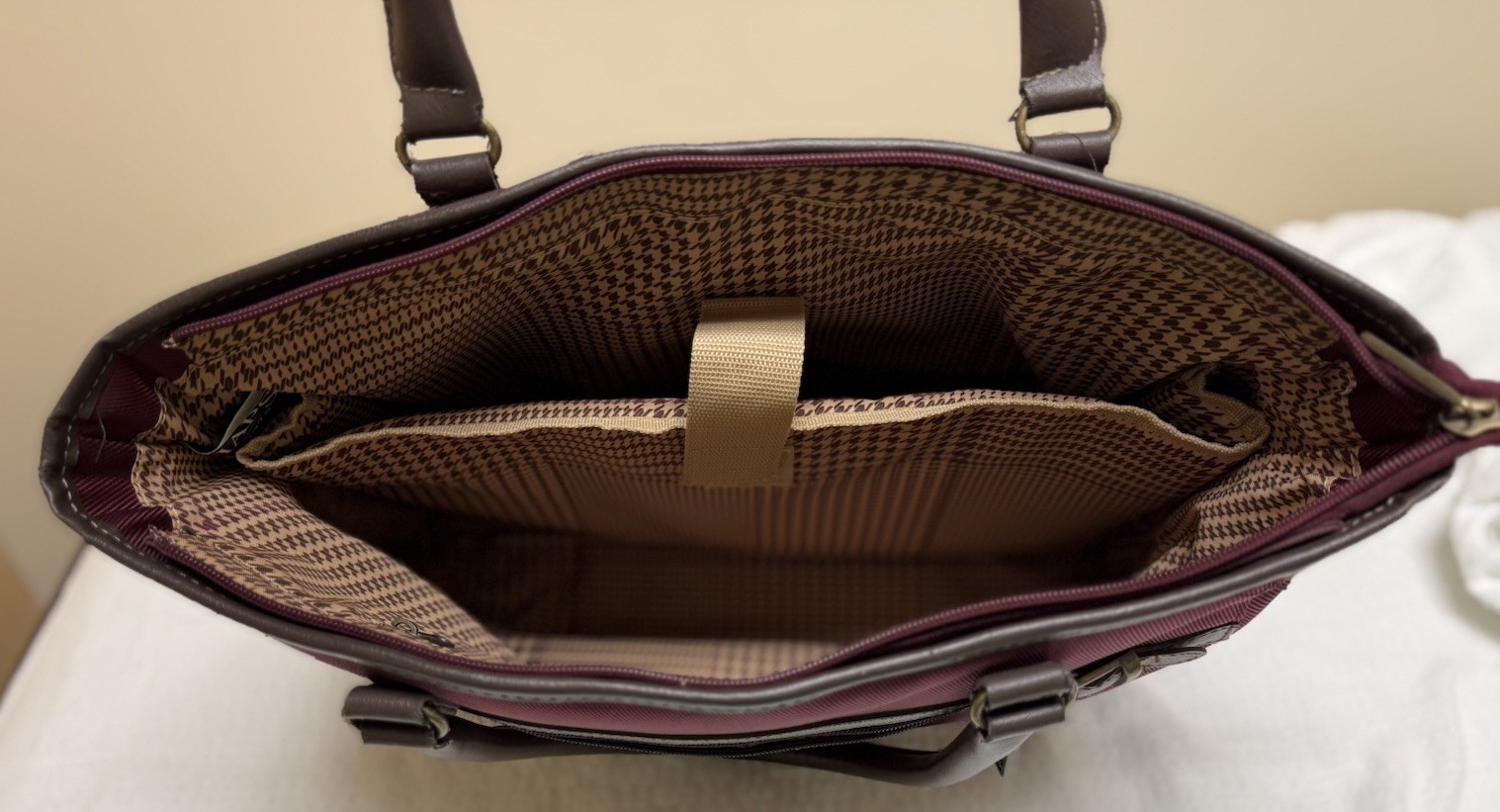 Chaps Burgundy Tote Bag, Zip Top, Brown Faux Leather Double Handles, Gold HW