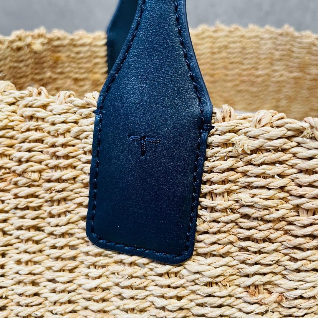 Tory Burch Ella Straw Tote Bag Large Woven Raffia Leather Navy 17.3×12.2×5.9in