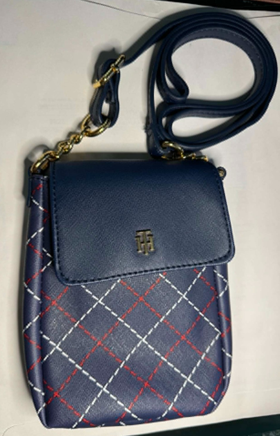 Tommy Hilfiger Navy Crossbody Plaid Red White Adjustable Strap Purse/Phone Bag