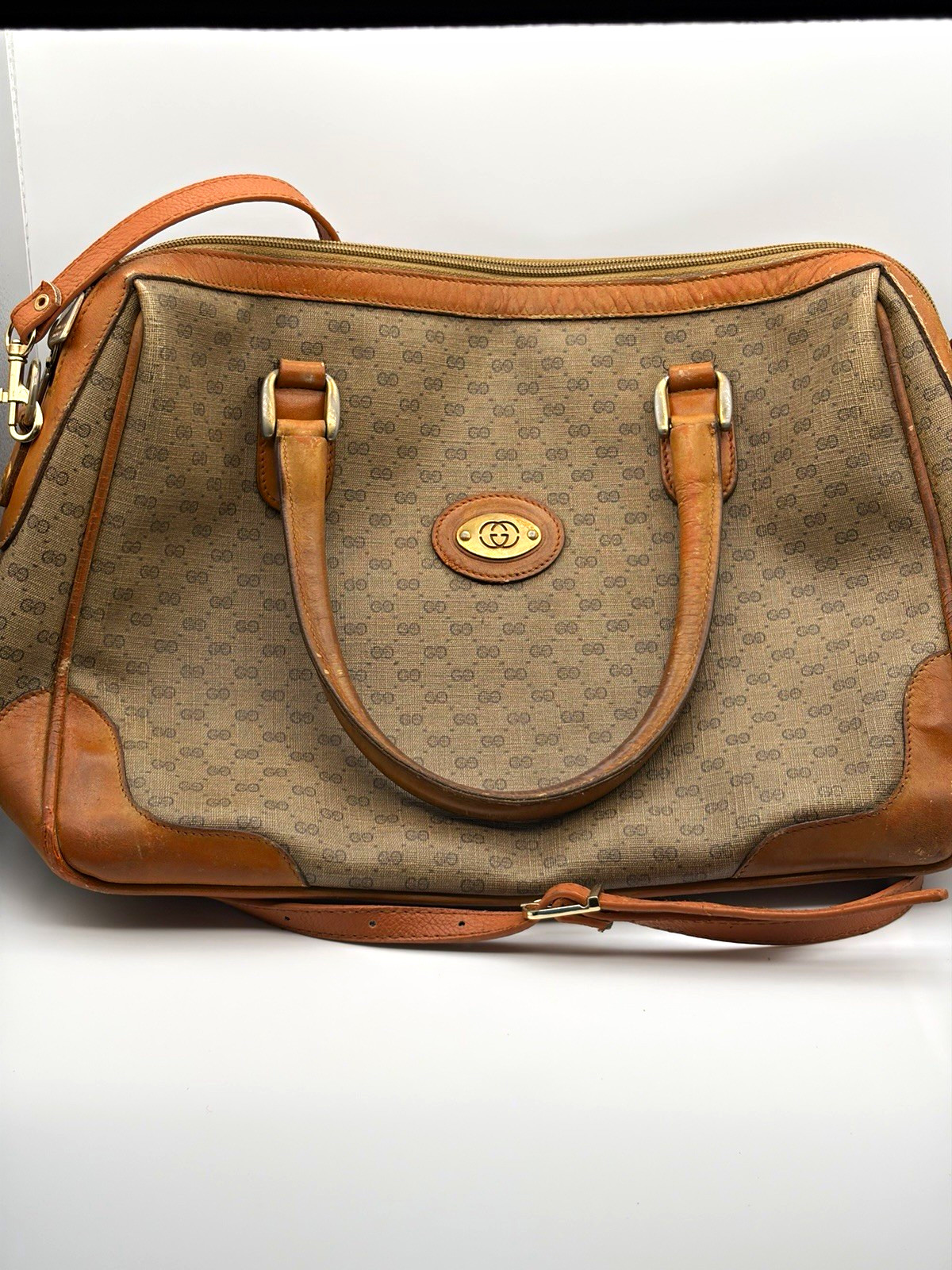 Gucci GG Beige/Brown Satchel Top Handle Zip Bag w/ Detachable Strap Gold HW