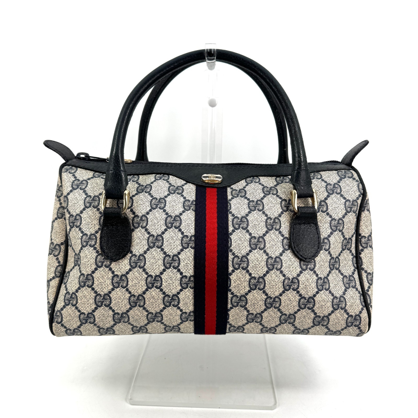 Vintage Gucci Hand Bag Sherry Navy Mini Boston Bag PVC Authentic 446T0403