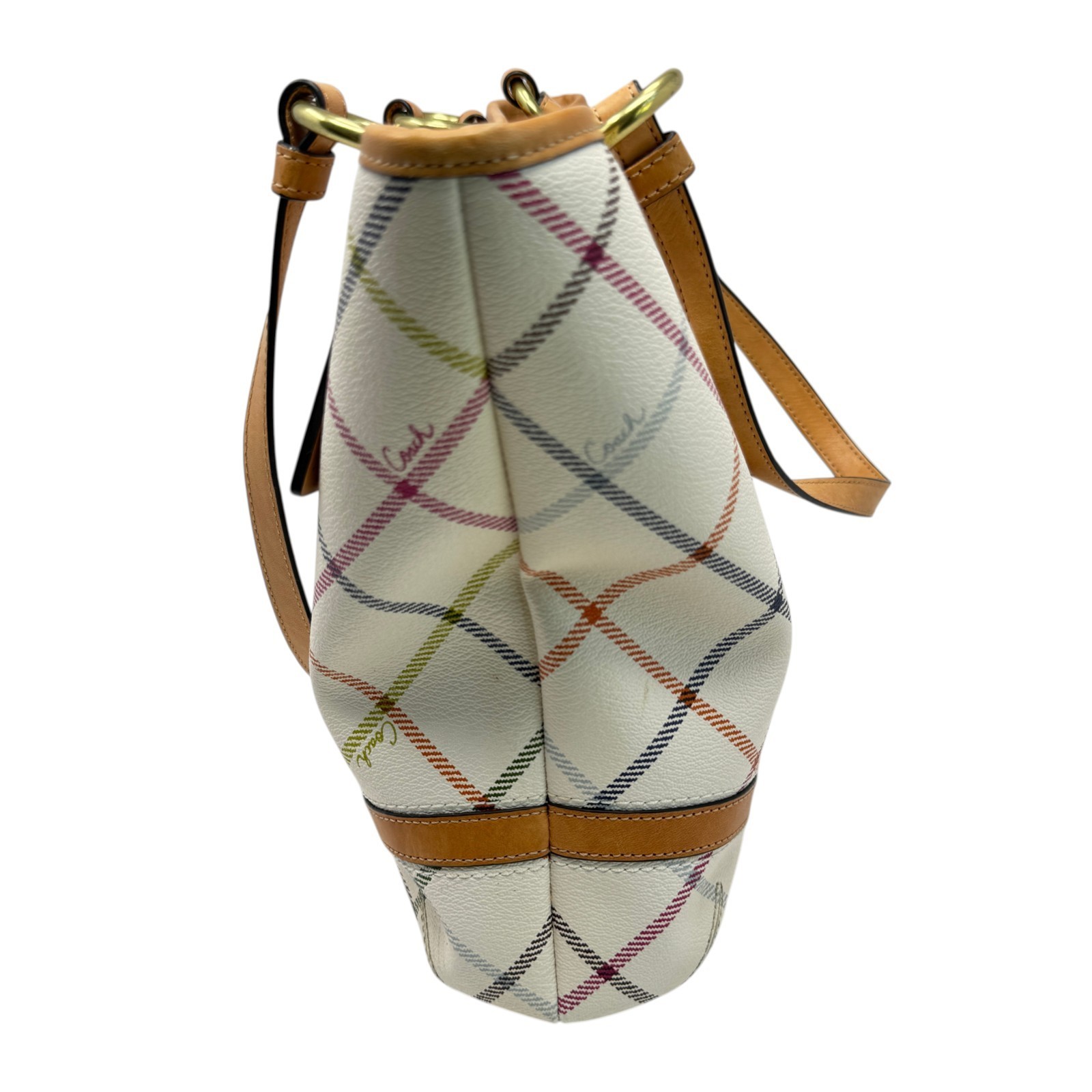Coach Peyton Multi-Color Tattersall Plaid Coated Canvas with leather trim 14×10