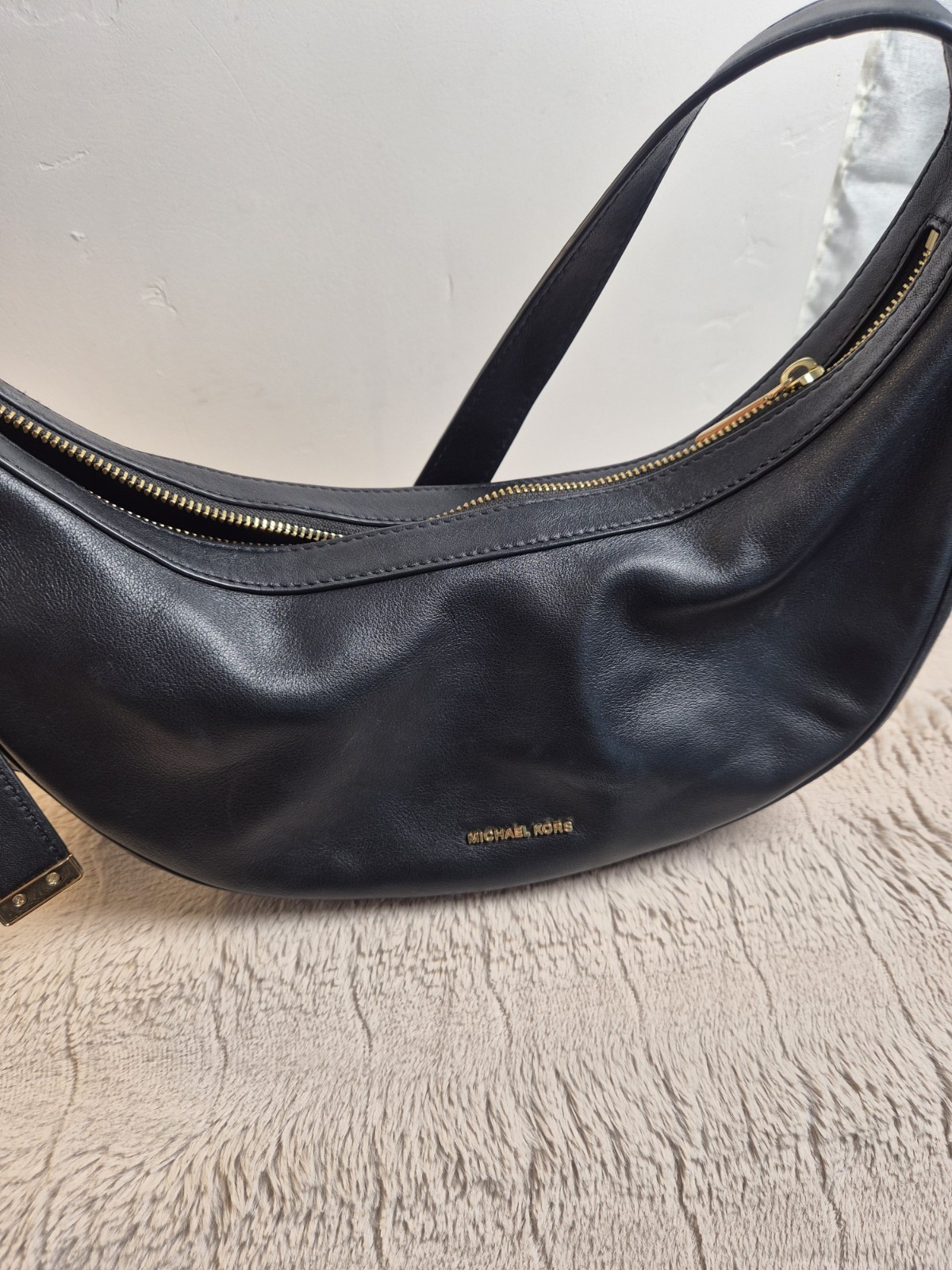 Michael Kors AVRA Leather Shoulder Bag Black Gold Women Crossbody Authentic