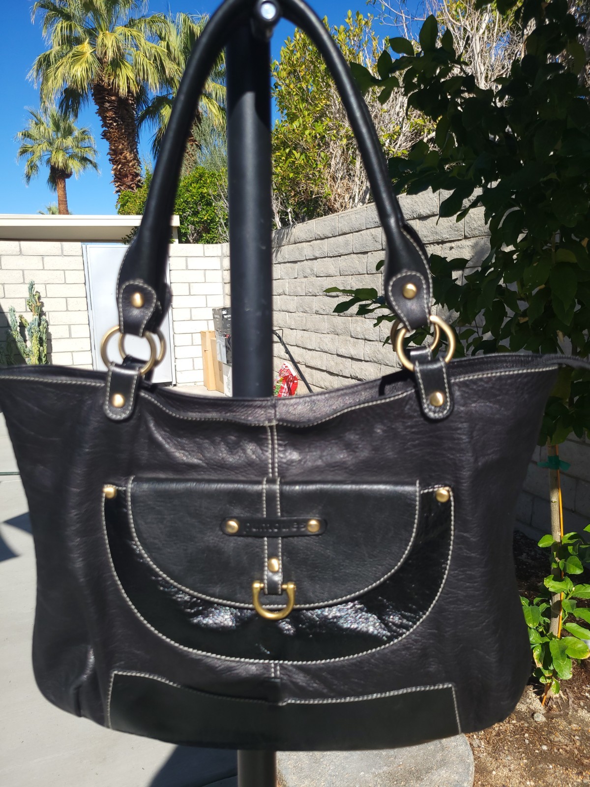 Puntotres Large Zip Tote Black Pebble Leather Shoulder Bag w/Pockets Made Spain