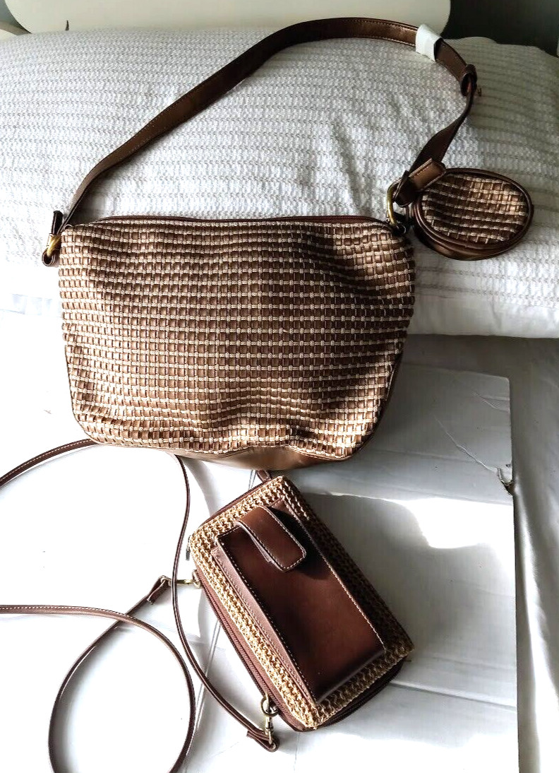 Copper Weave Handbag Purse set Vinyl & Leather with Coin Purse & Billfold