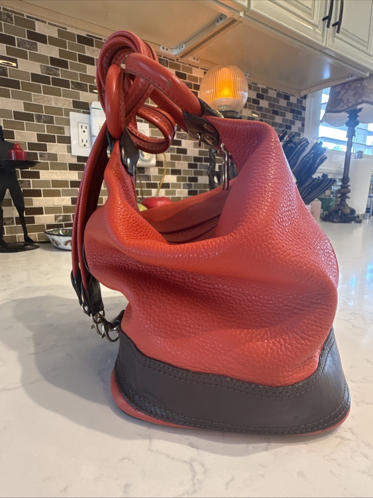 Valentina Italy Orange Pebbled Leather Sling Backpack Tan Trim Gold Hardware