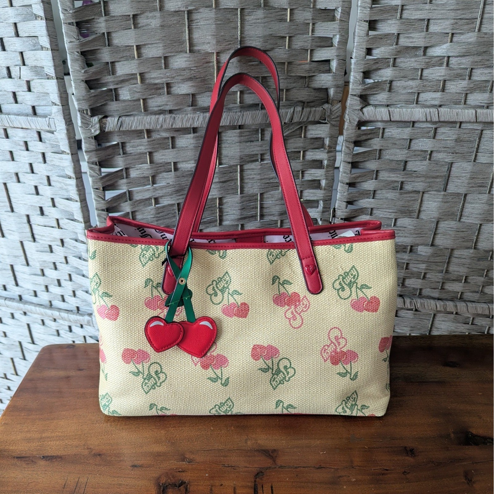 Juicy Couture Paradise Tote Red Cherry Fruit Print Woven Straw Shoulder Bag New