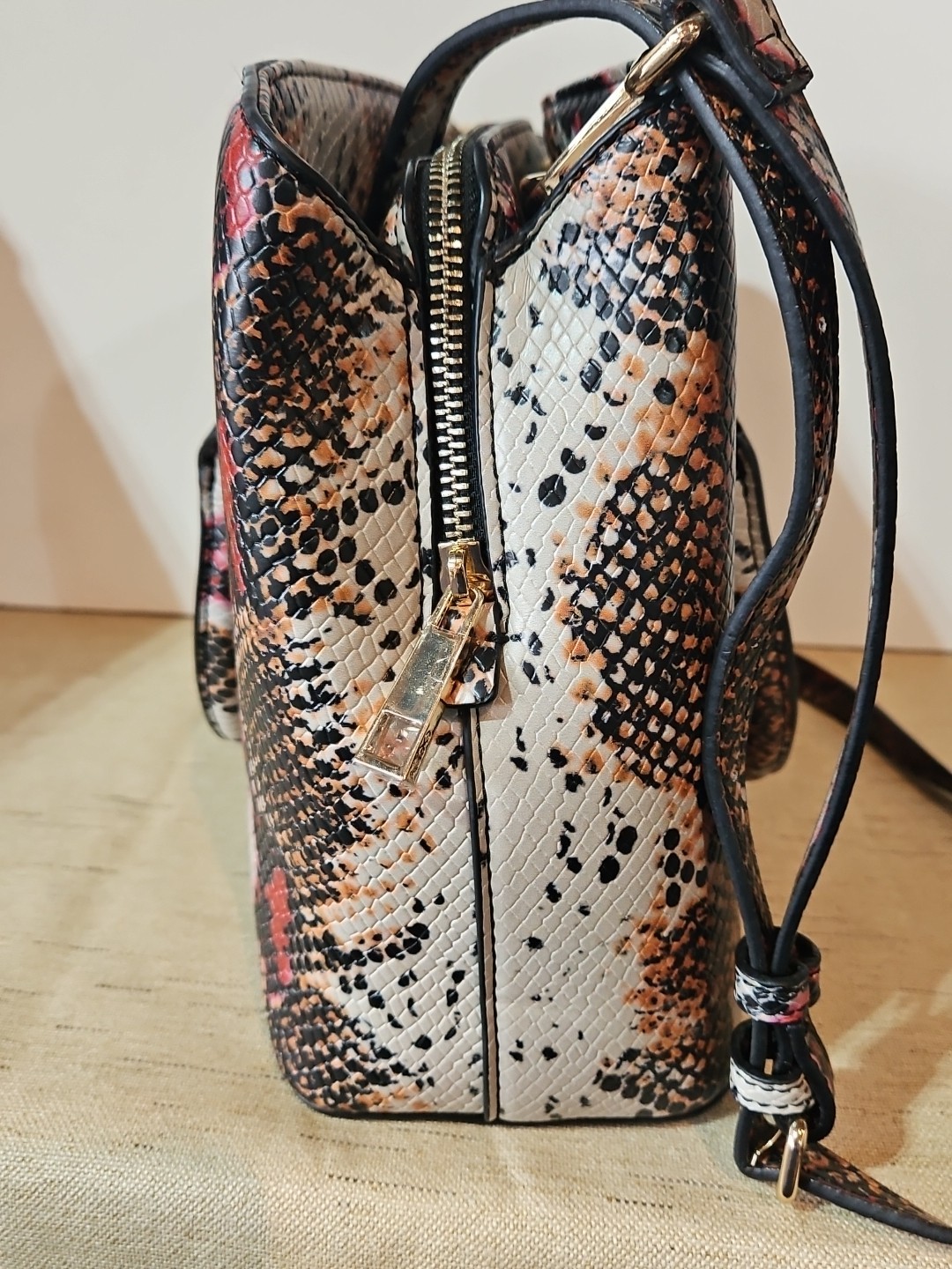 Aldo Snakeskin Effect Tote Handbag With Crossbody Strap Cream, Red Brown