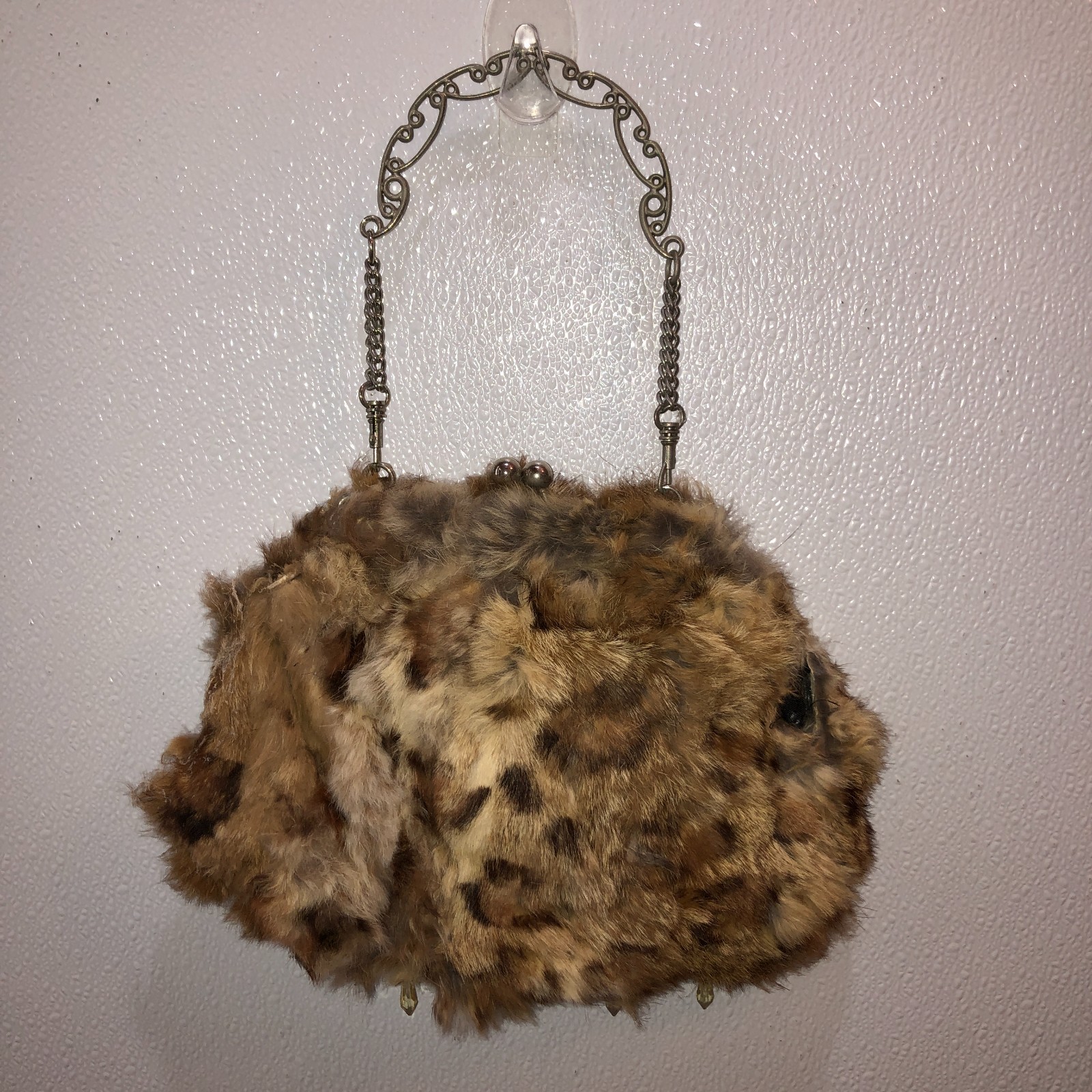 Vintage Brown Fur Dangling Rhinestones Casual Formal Clutch Hand Bag Purse