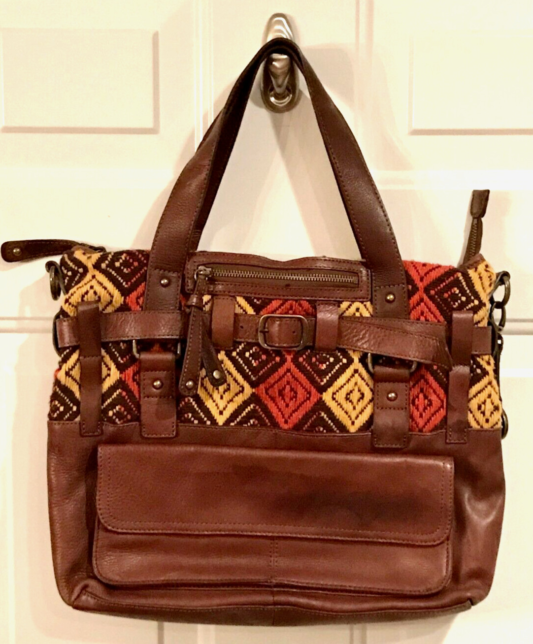 AUDREY BROOKE Boho Woven Fabric And Brown Leather Zippered Tote Shoulder Bag