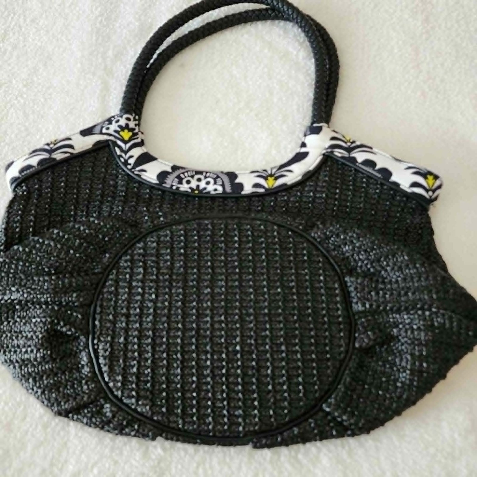 Vera Bradley Black Straw Woven Tote Shoulder Bag Braided Handles Summer