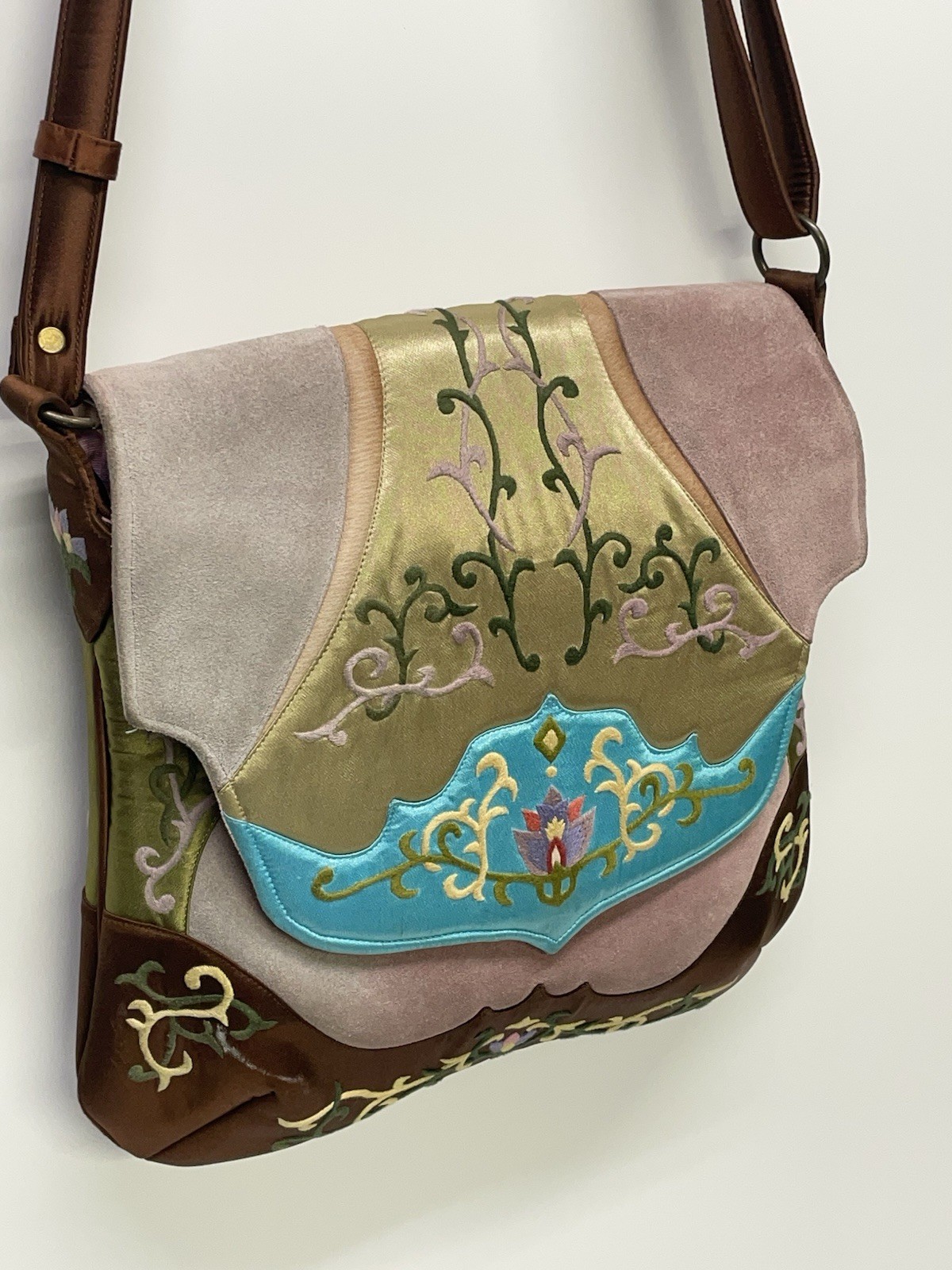 “Frozen” Embroidered Suede Satin Oovoo Crossbody Bag Evergreen Brown Multi Retro