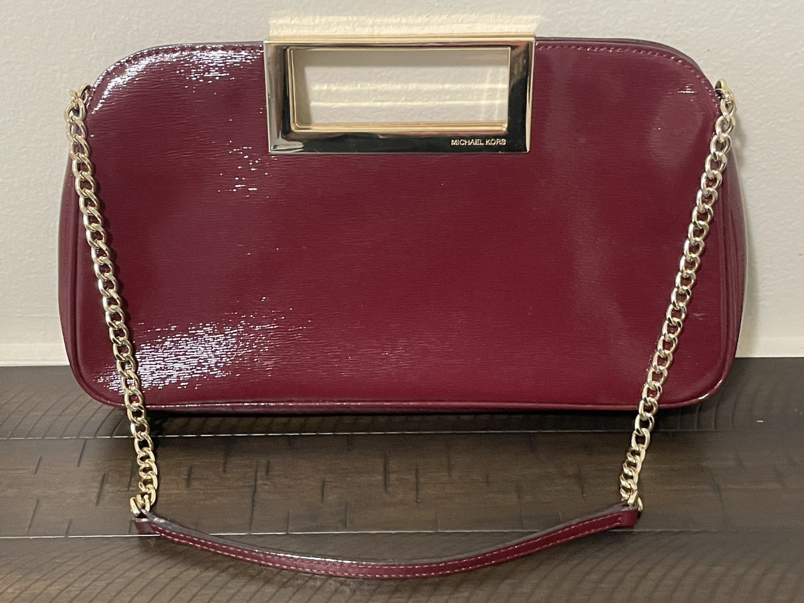 Michael Kors Berkley Large Clutch Claret Red Patent Leather Gold Hardware 14”x8”