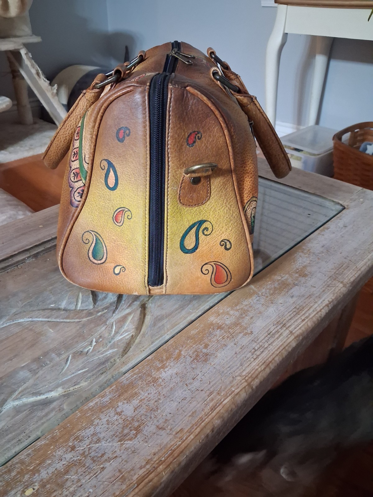 Anuschka Zip Around Satchel Bag Yellow Brown Paisley Hand Painted Leather 13″ W