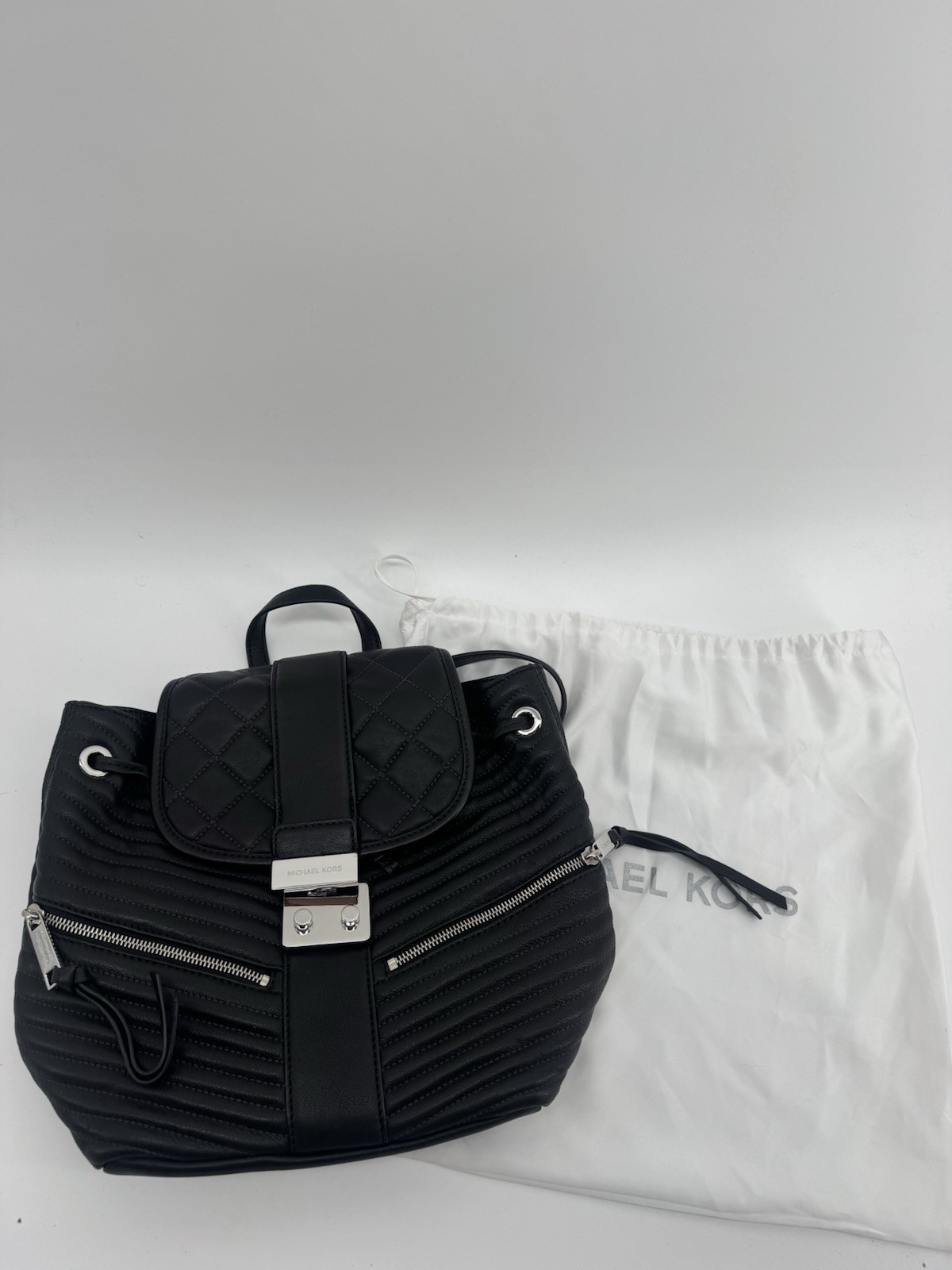Michael Kors Medium Black Quilted Backpack Drawstring Push Lock Silver Pouch