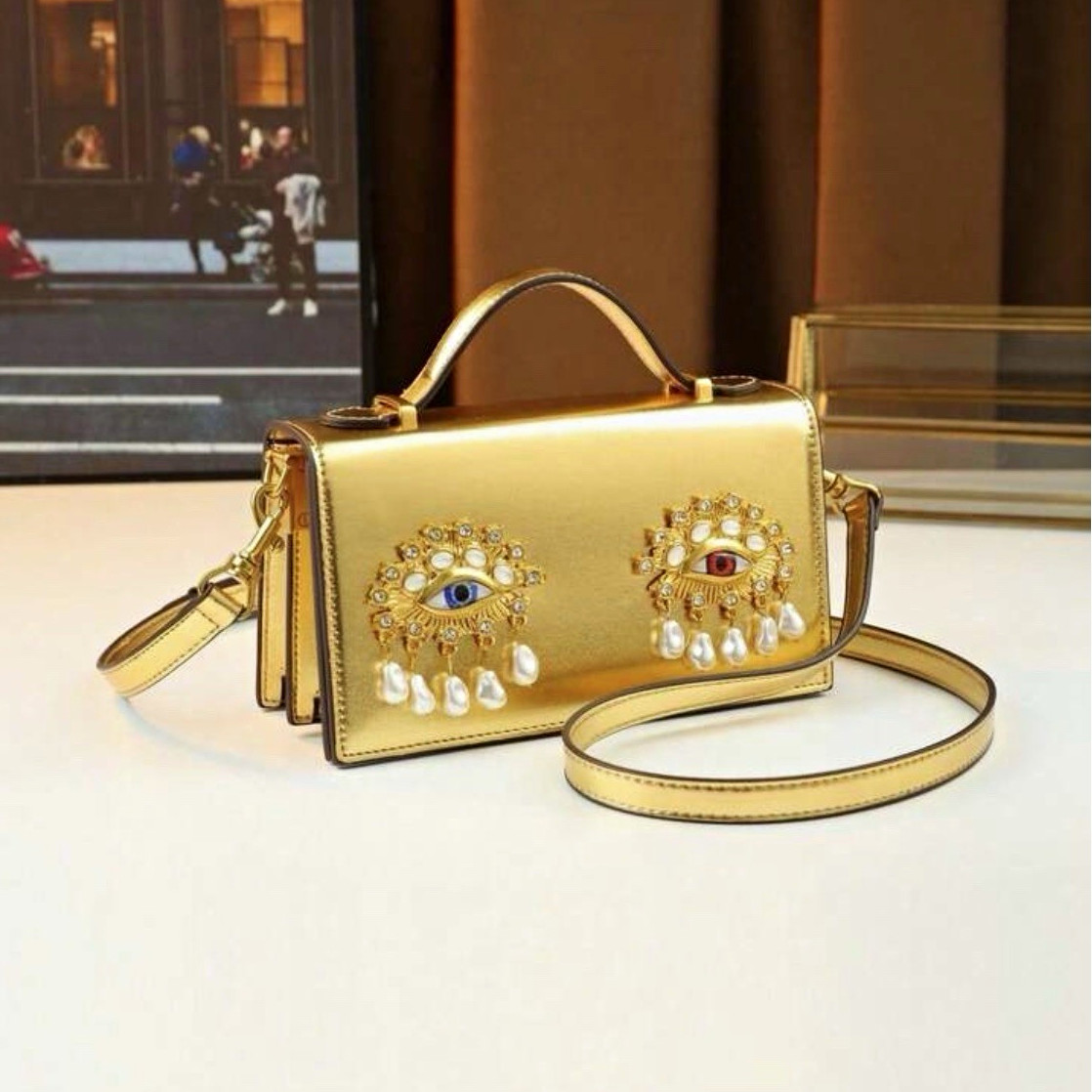 Women’s Gold Metallic Small Crossbody Top Handle Flap Bag Beaded Pearl Eye