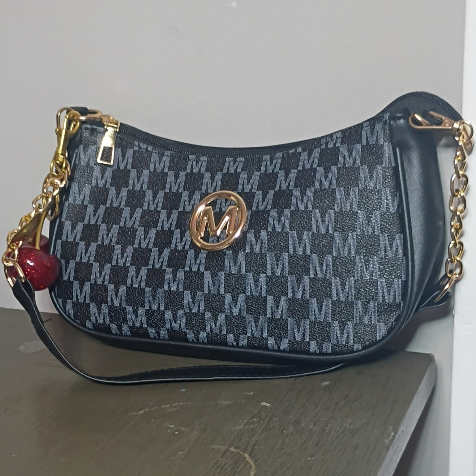 Small Black Logo Crescent Women’s Shoulder Bag Gold Hardware Zip Chain Strap