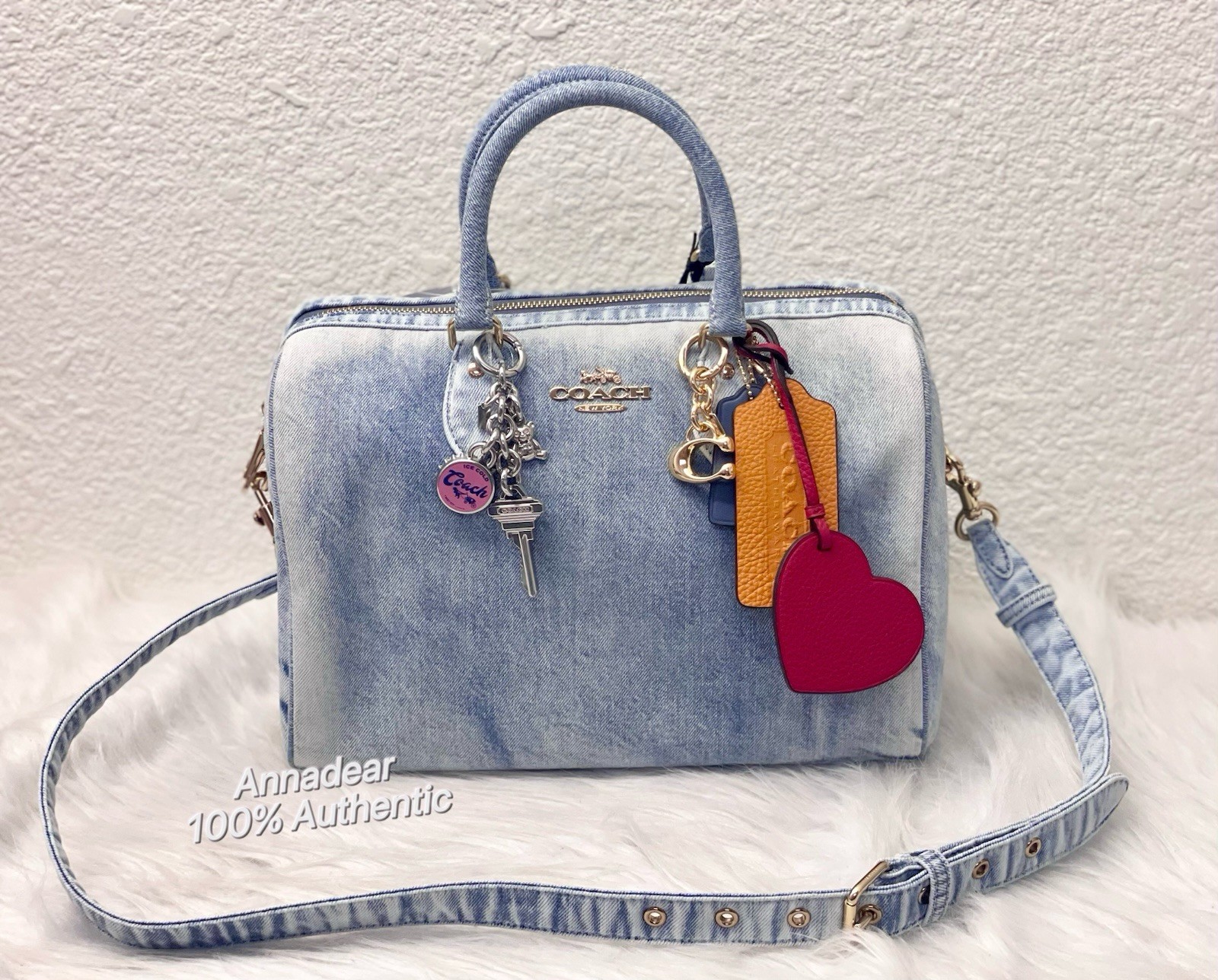 Coach CDY75 Rowan Large Satchel Bag In Loved Denim With Charms Light Indigo NWT