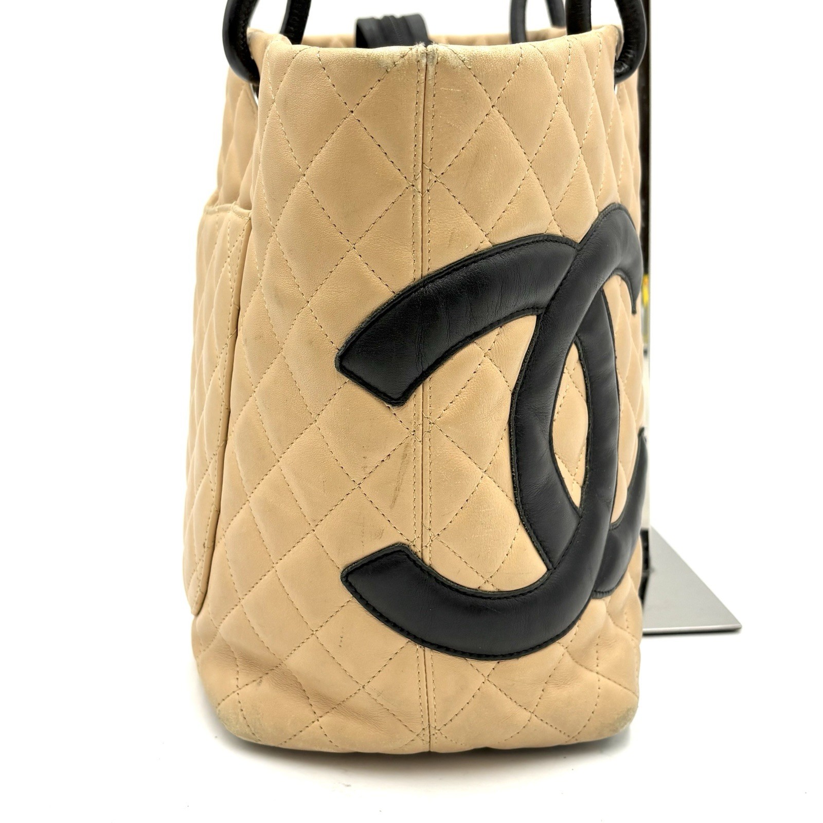 Auth CHANEL Cambon Line Large Tote Bag Beige Black Serial Sticker 2Y8885