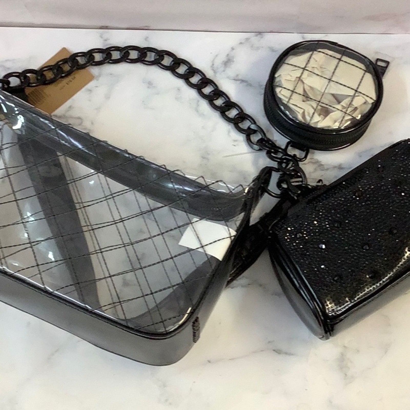 NWT Steve Madden Clear and Black Shoulder Handbag 3 Piece Set