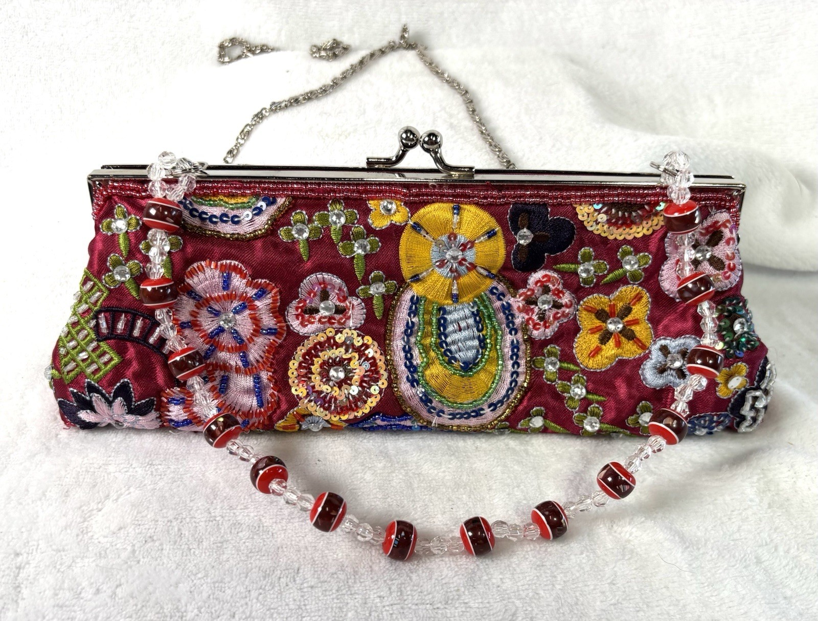 Vtge Max Mayer Beaded Embroidered Floral Clutch Red Satin 3-Way Convertible Bag