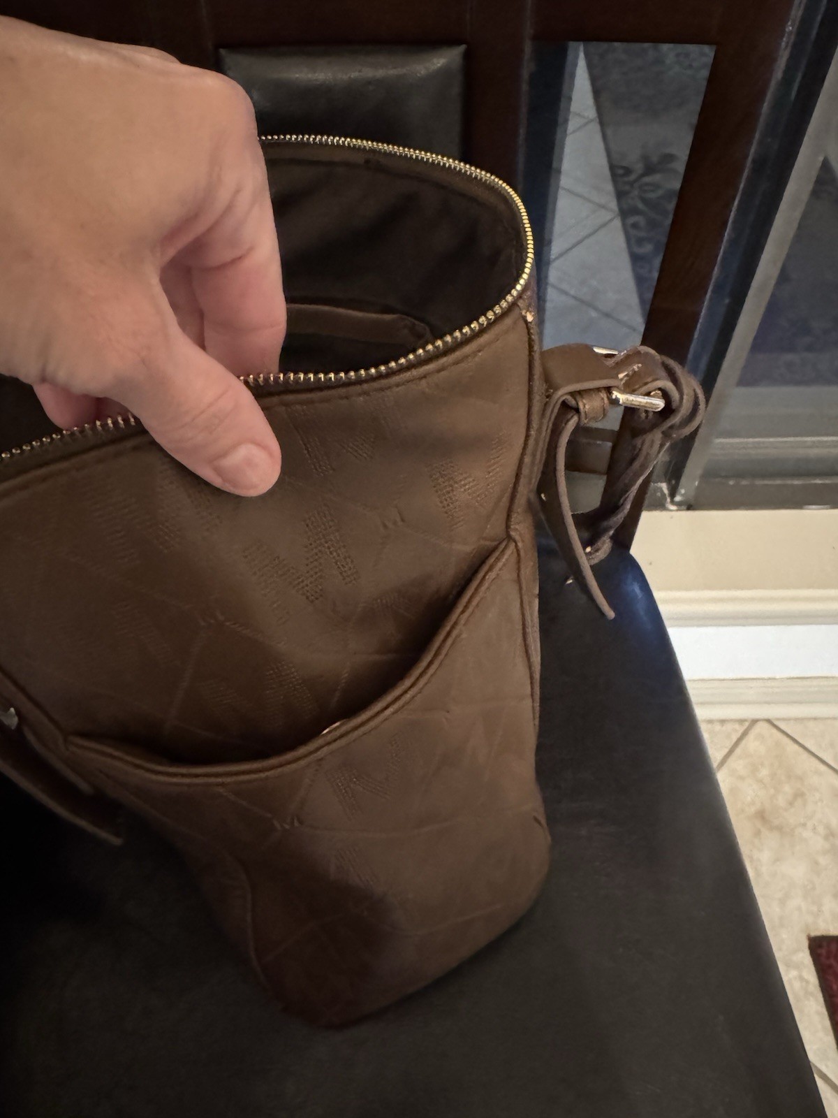 Brown Logo Quilted Zip Tote Bag w/ Charm, Front Zip Pocket, Gold Hardware