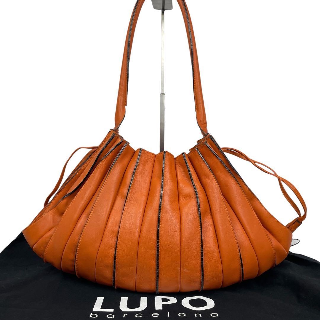 Lupo Barcelona Abanico Pleated Drawstring Hobo Shoulder Bag Brown Camel Leather