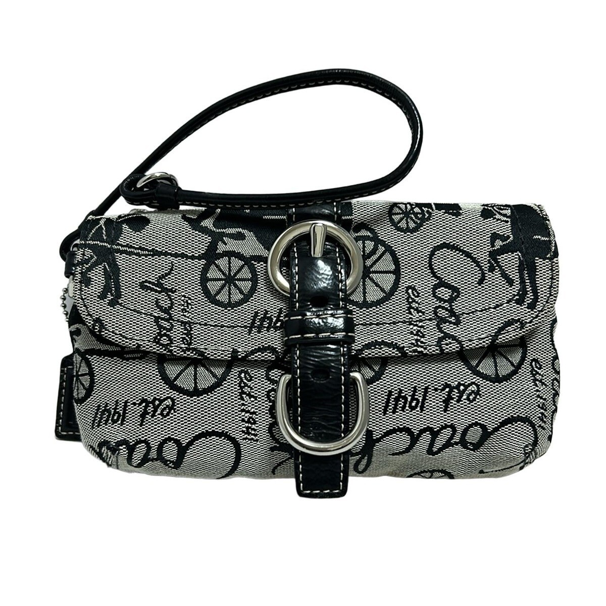 COACH Gray Black Jacquard Leather Pouch Wristlet Logo Snap Button F43370 7.1in