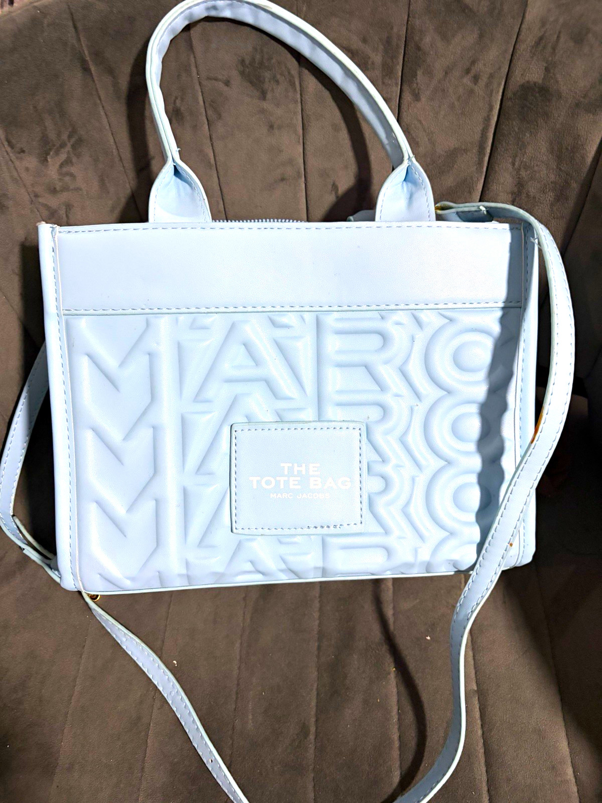 Light Blue Logo Tote Top Handle Zip Gold Hardware Detachable Strap