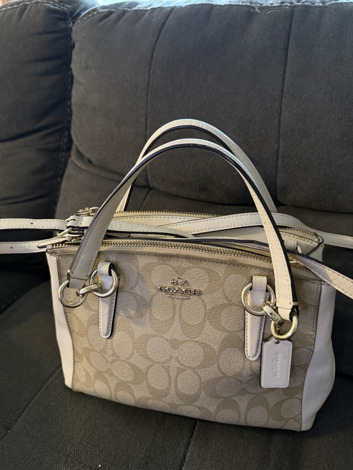 Coach Signature Logo Satchel Top Handle Zip Bag Beige/White Detachable Strap