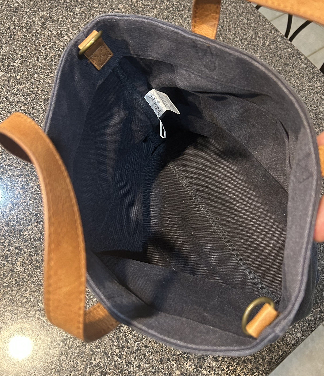 Thirty-One Navy Blue Canvas Crossbody Open Tote Bag Brown Straps Brass Hardware