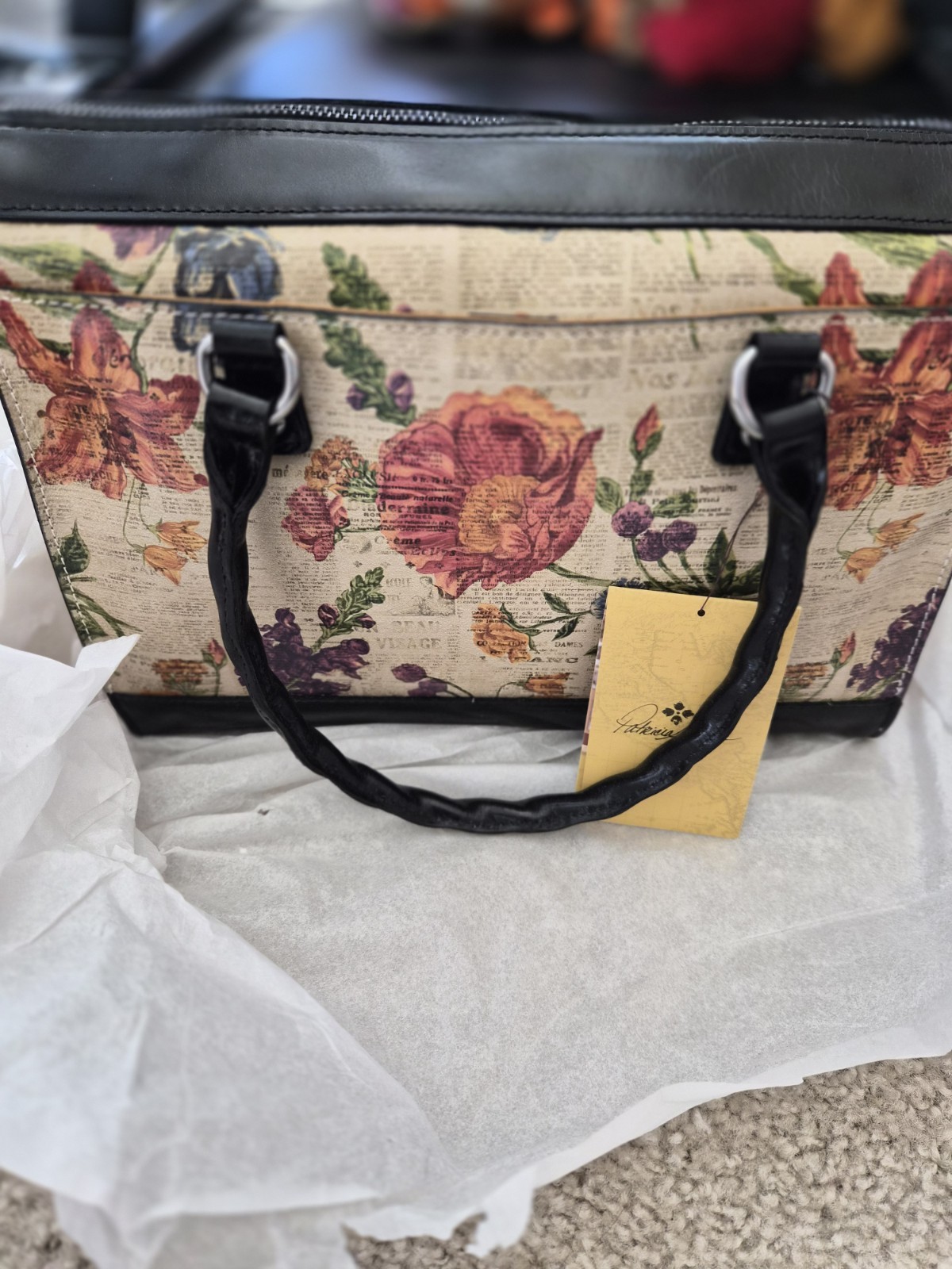 Patricia Nash Parisian Newspaper Satchel Floral Paris Theme Zip Lined Silver