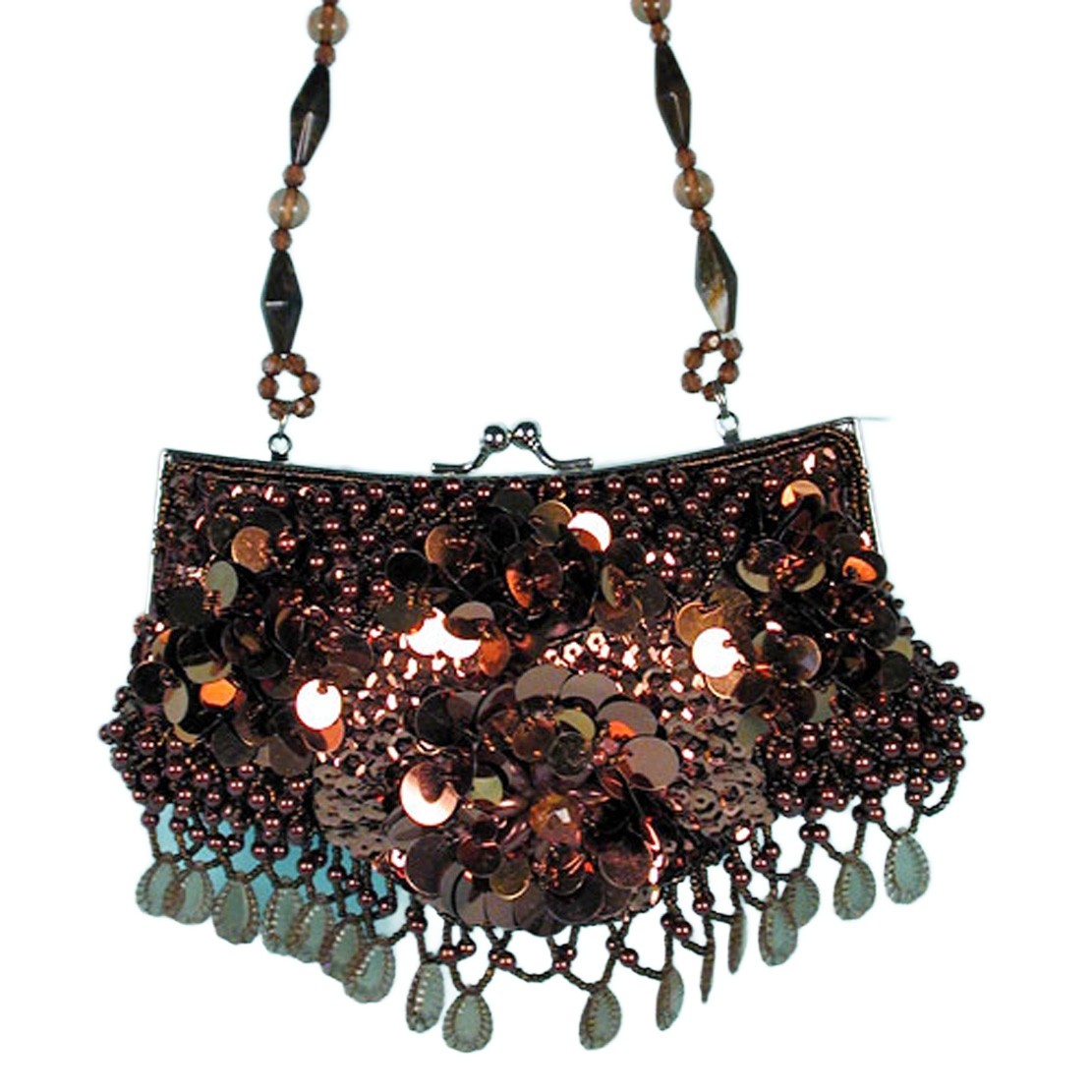 Cheap Evening Bag Copper Color Beads and Sequins w/Fringe & Sholder Strap – P604