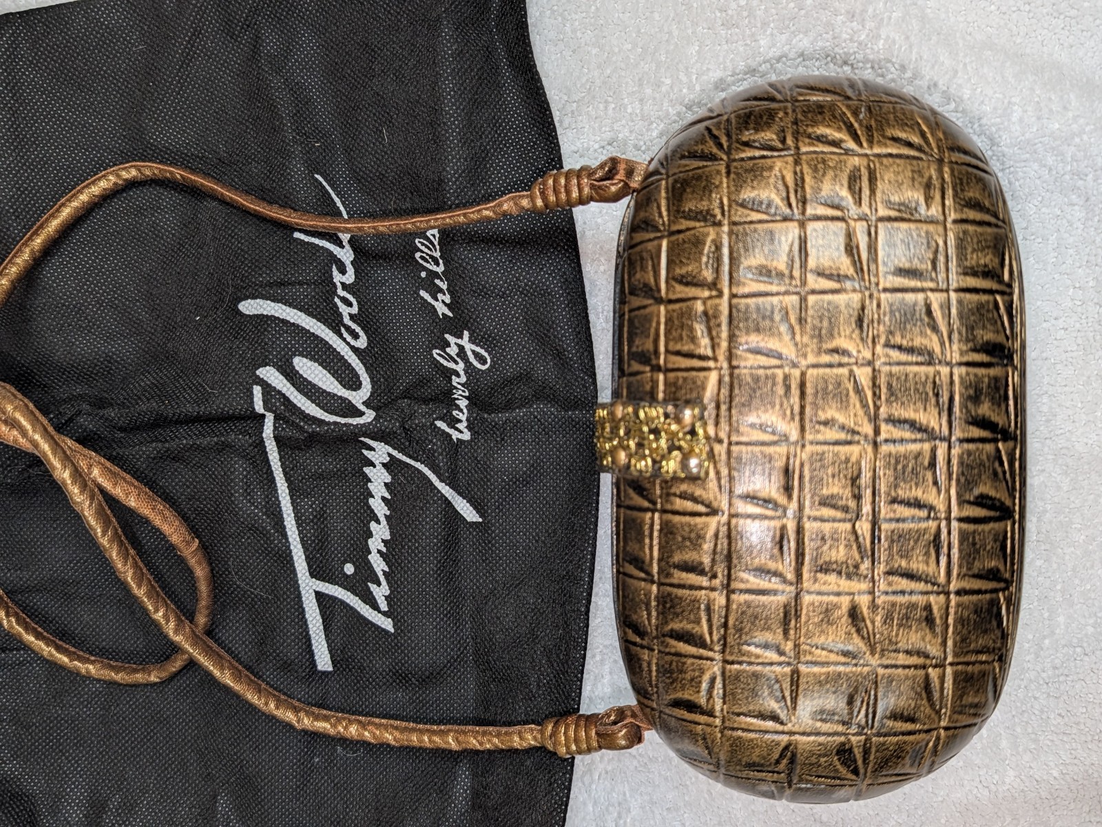 Timmy Woods Beverly Hills “Elizabeth/Louranne” Hand Carved Acacia Wood Clutch