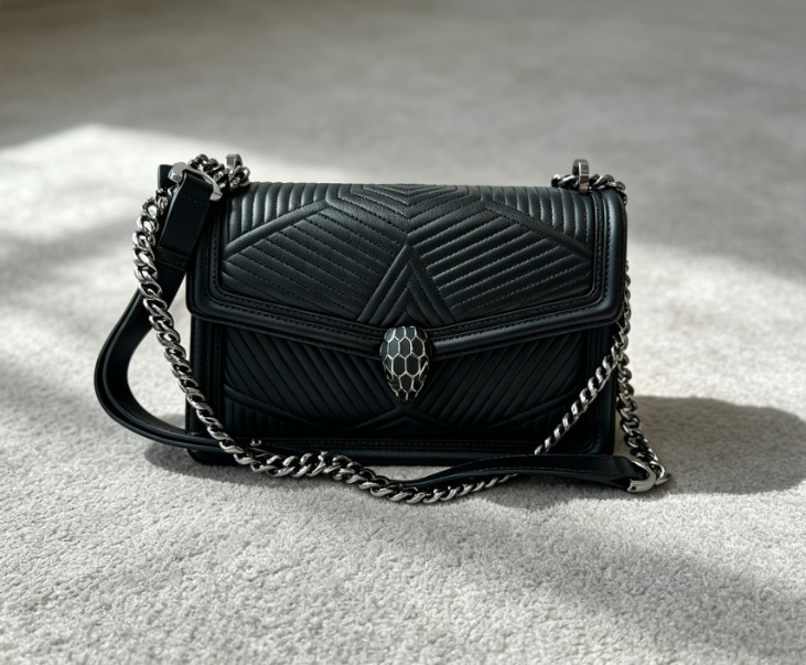 AUTH Bvlgari Serpenti Forever Black Quilted Medium Crossbody Bag