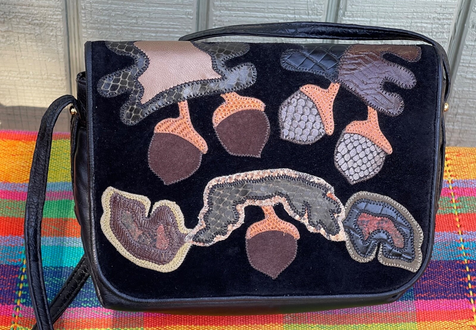 Sharif New Black Leather Crossbody Bag Acorns Oak USA Multi Textured Appliqué