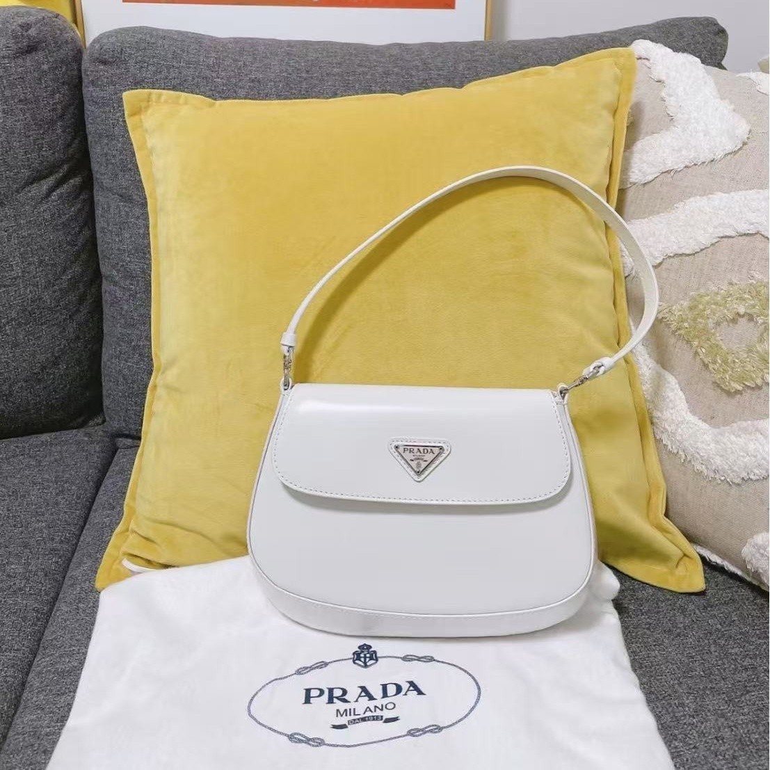 Prada Cleo White Regular Brushed Leather Flap Shoulder Bag