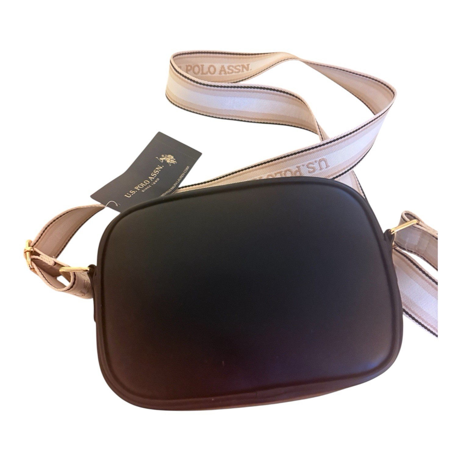 U.S. Polo Assn. Black/Tan Small Crossbody Bag Zip Closure Logo Strap Adjustable