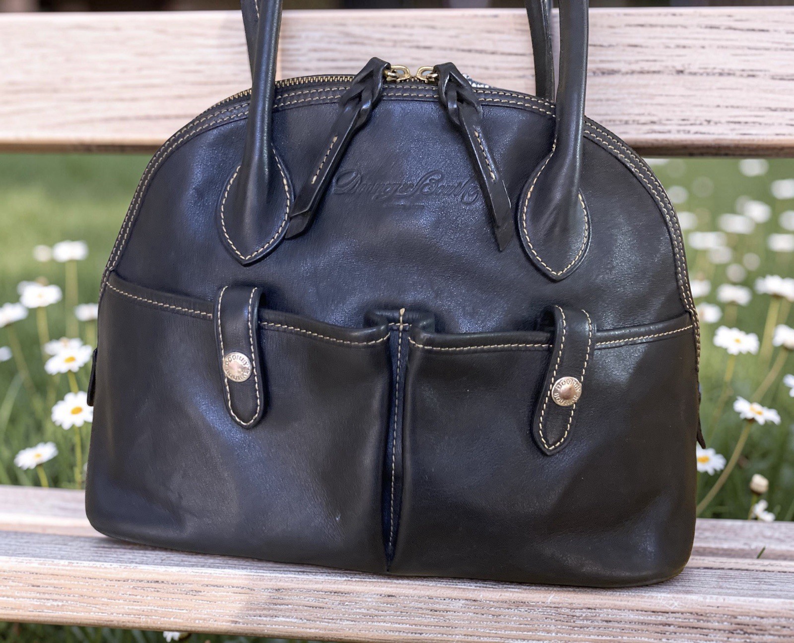Dooney Bourke All Black Florentine Vacchetta Leather Domed Satchel Tote Bag