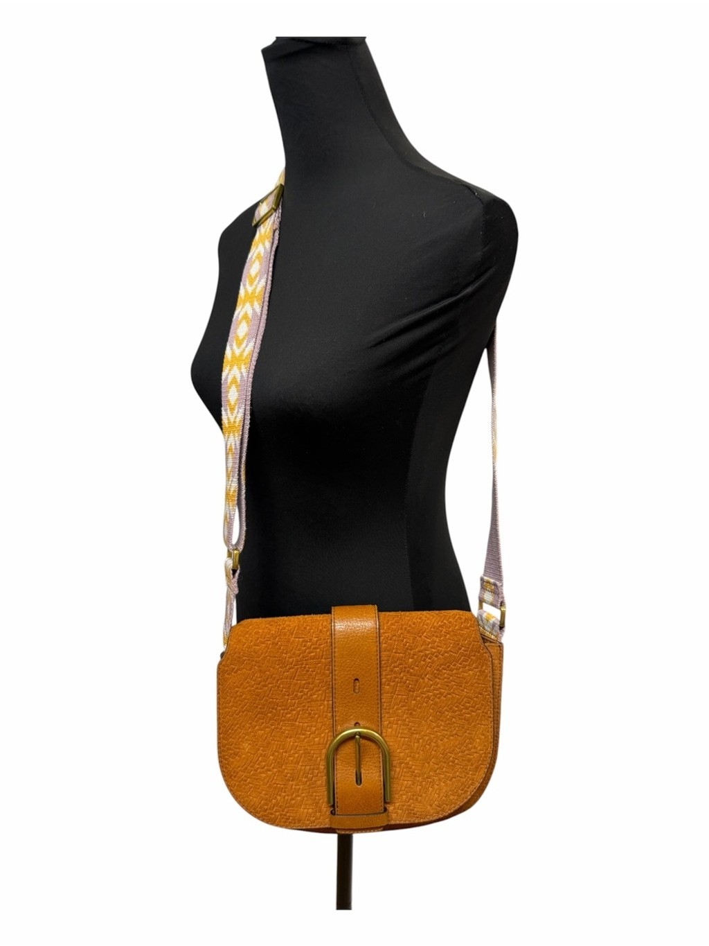 Fossil Leather Crossbody Saddle Bag Tan Woven Flap Adjustable Guitar Strap