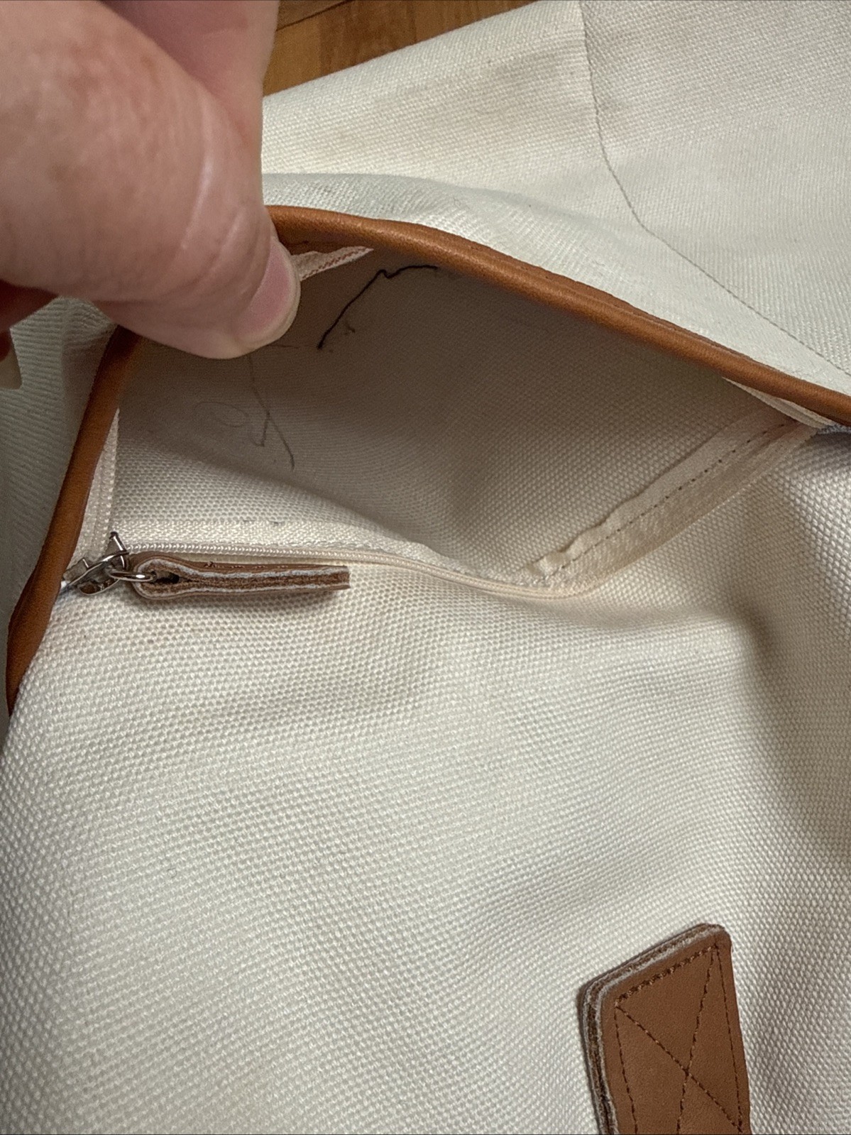 LL Bean 100% Cotton Tote Brown Leather Handle Canvas Bag Ivory Striped Lining
